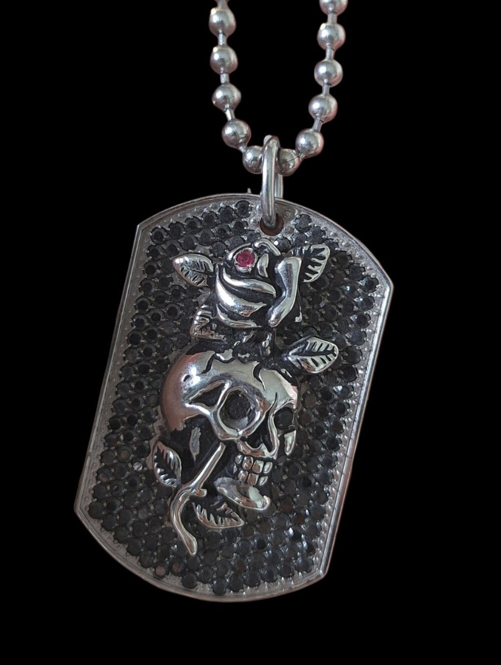 Ed Hardy Skull Rose Rhinestone Bling Dog Tag Necklace Stainless Steel RARE